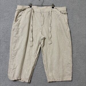 Linen Blend Pull On Pants 2X Elastic Waist Casual Travel Tan Stripes